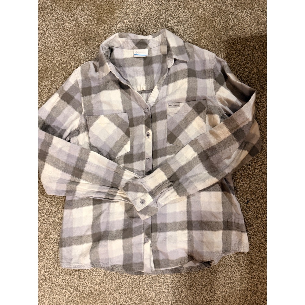 Columbia Womens Grey White Plaid Cotton Button Down Shirt XL0212 Large